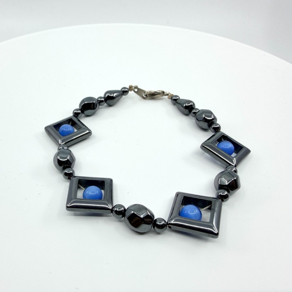 VTG Hematite Geometric Link Bracelet Blue Cat Eye Fiber Optic Classic
